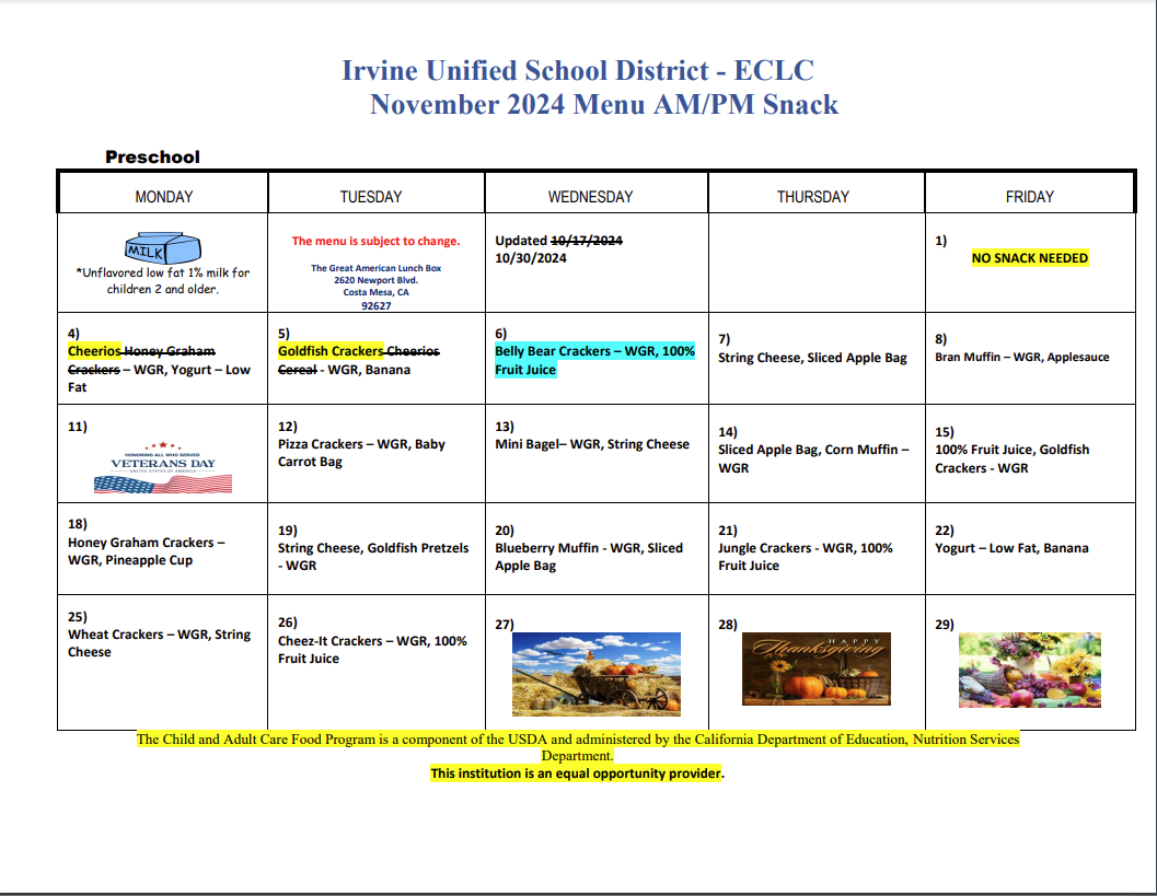 November Snack Menu