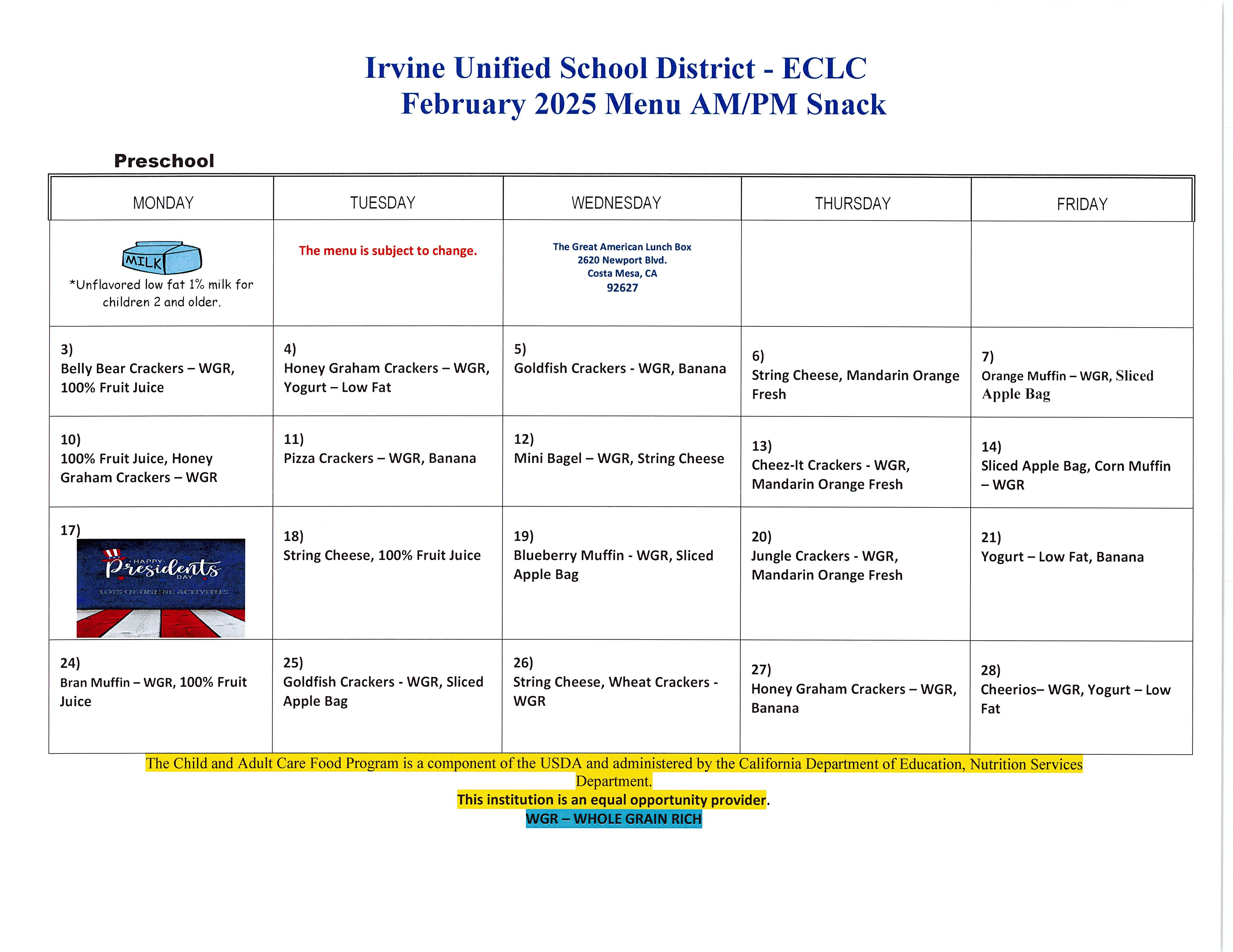 February Snack Menu