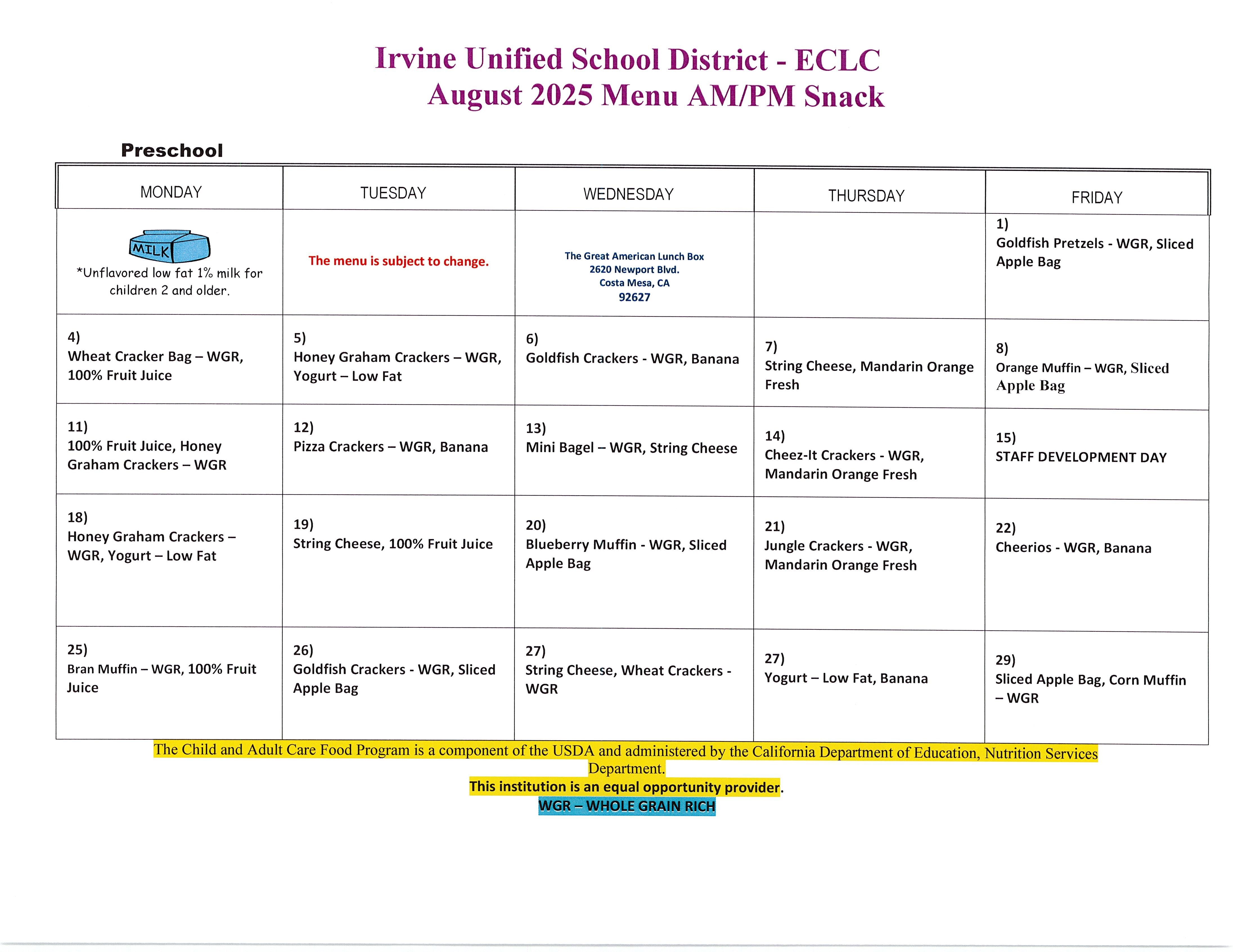 August Snack Menu