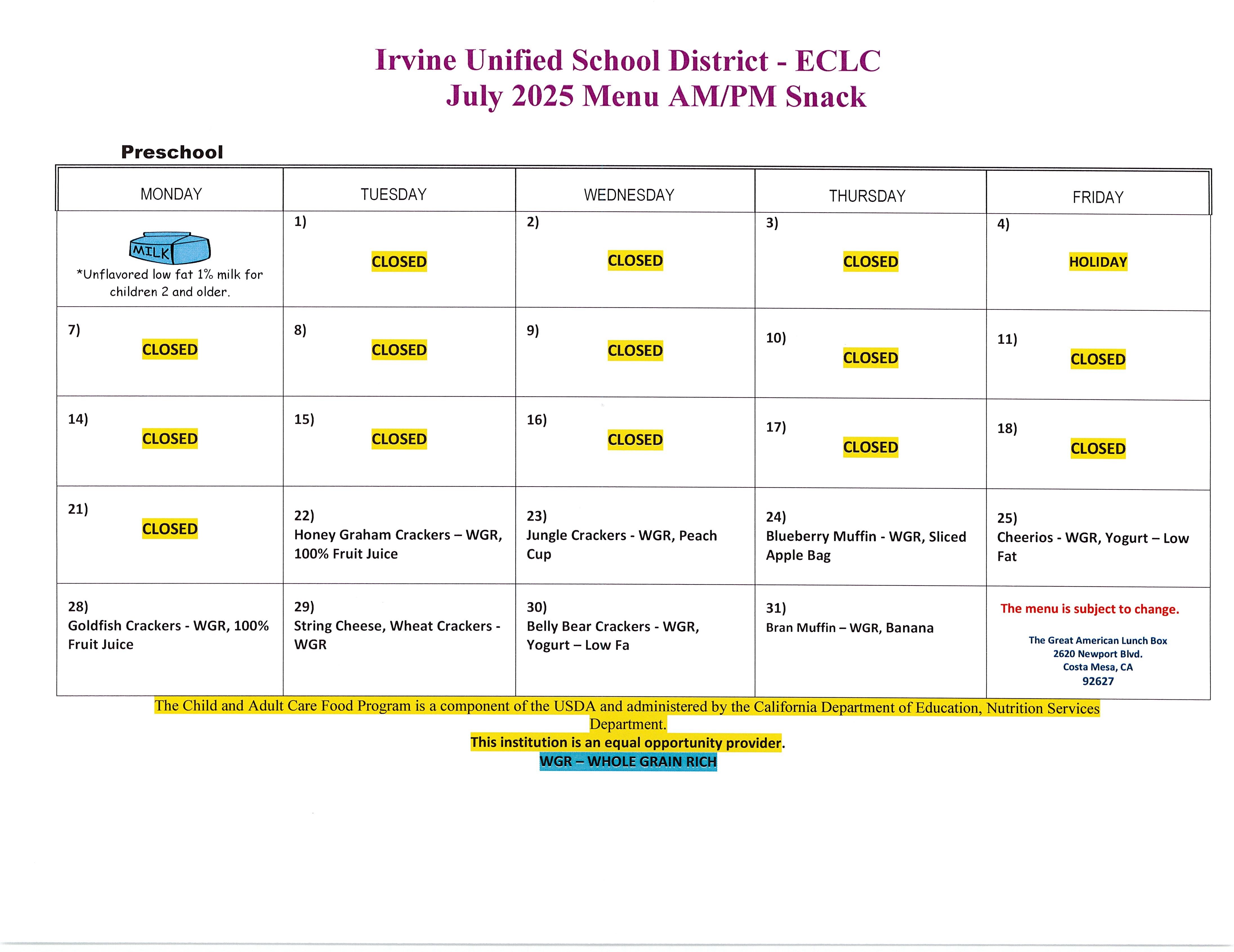 July Snack Menu