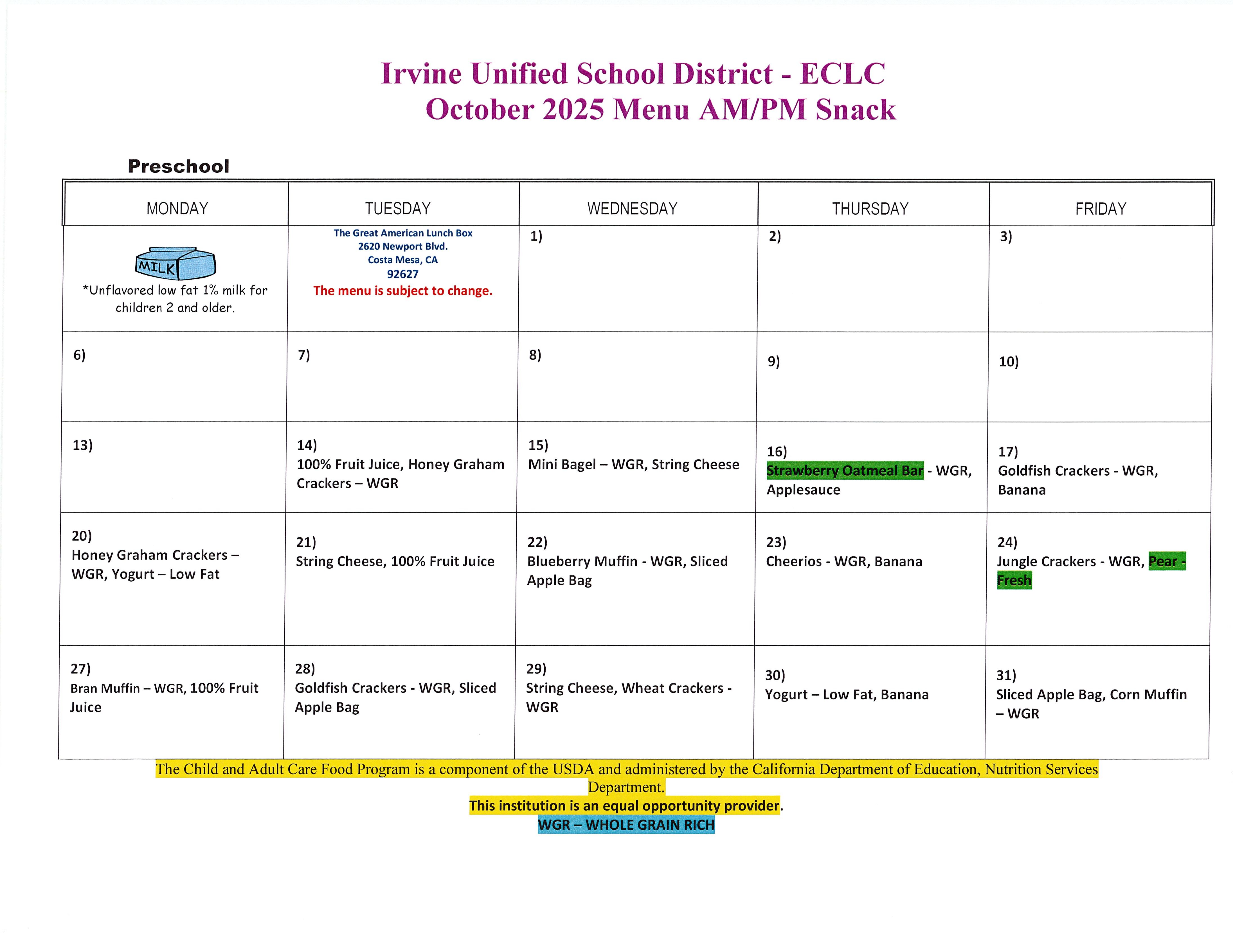 October Snack Menu