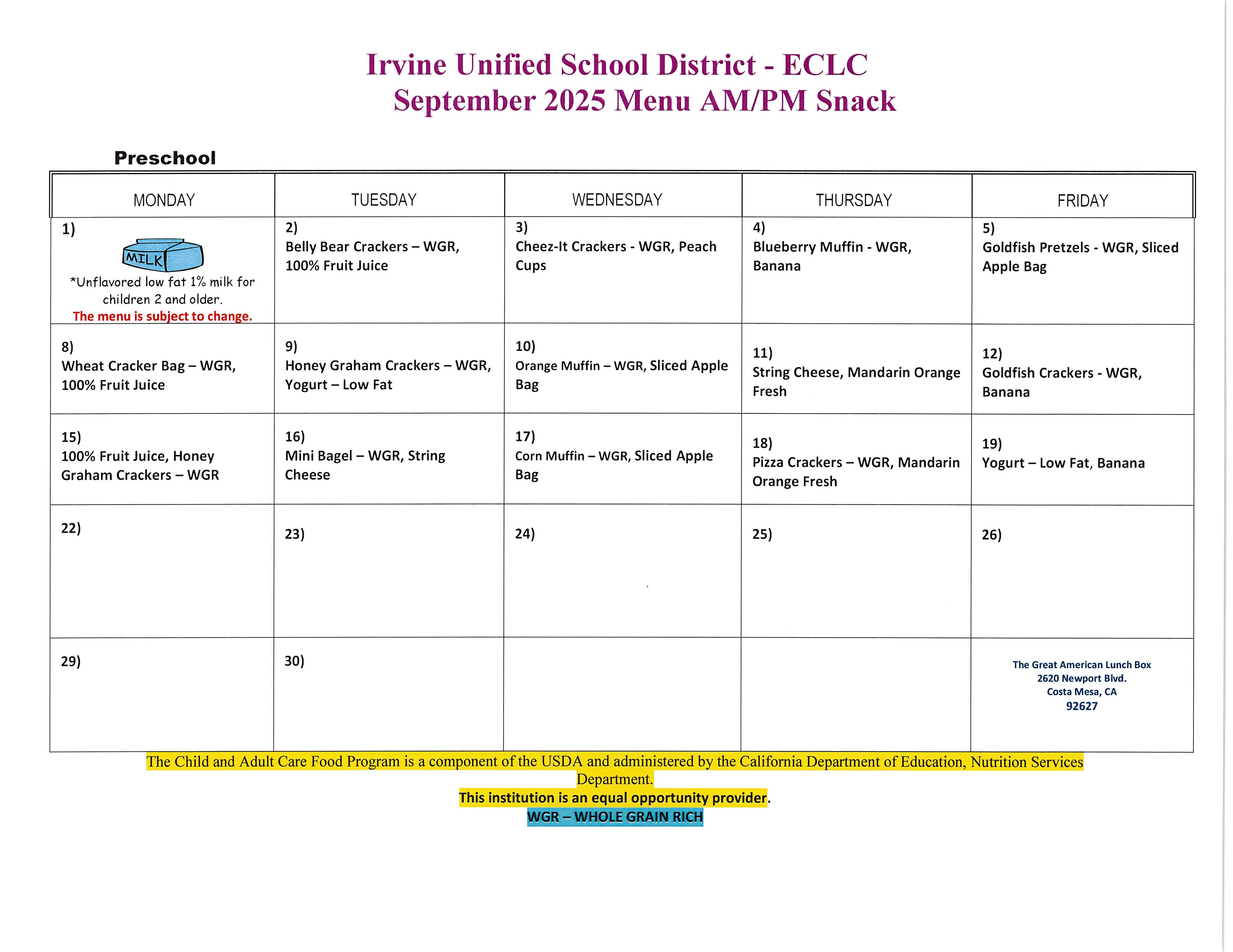September Snack Menu